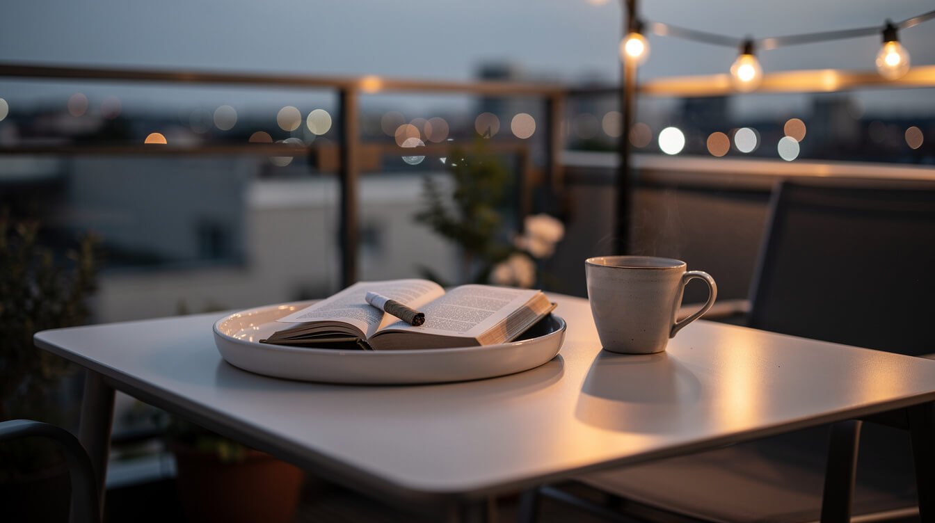 A calm evening patio table with a rolled joint on a ceramic tray, a book and tea