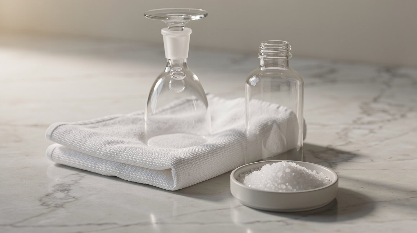 Clean glass bubbler drying on a towel next to coarse salt for cleaning