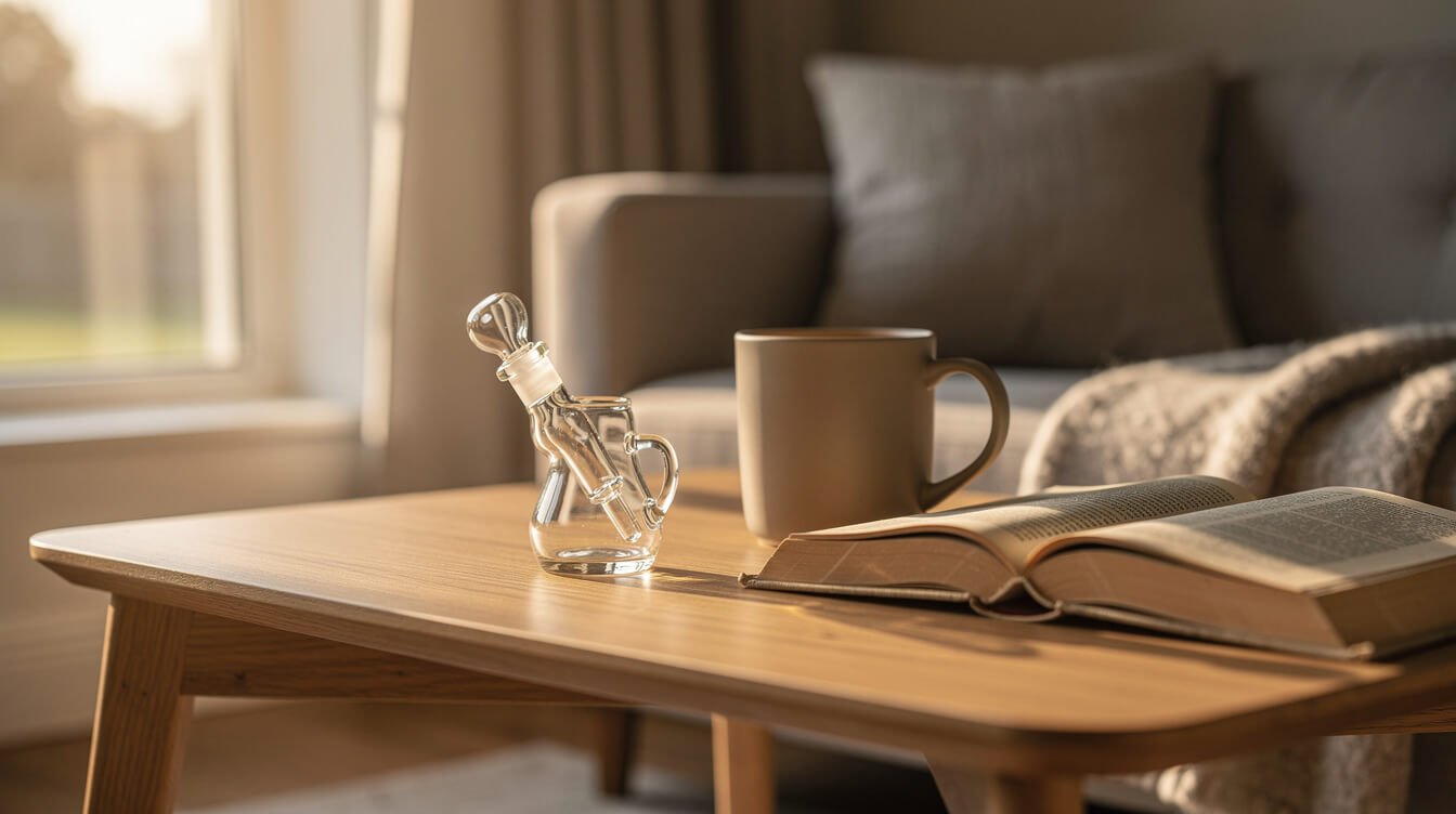 Small glass bubbler on a wooden side table next to a mug and a book