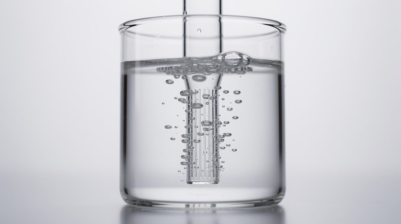 Smoke bubbles rising through water around a slitted glass stem inside a bubbler chamber