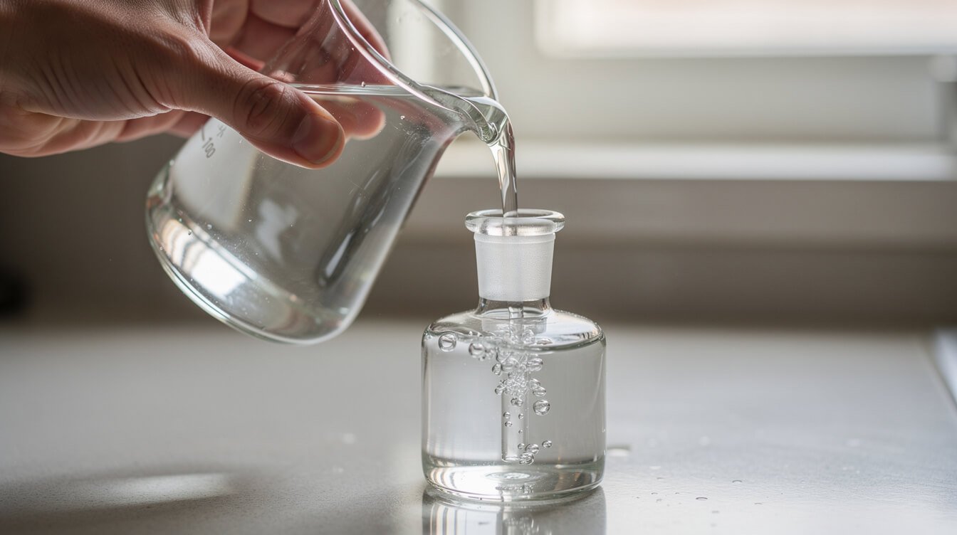 Pouring a small amount of cool water into a glass bubbler so it just covers the stem