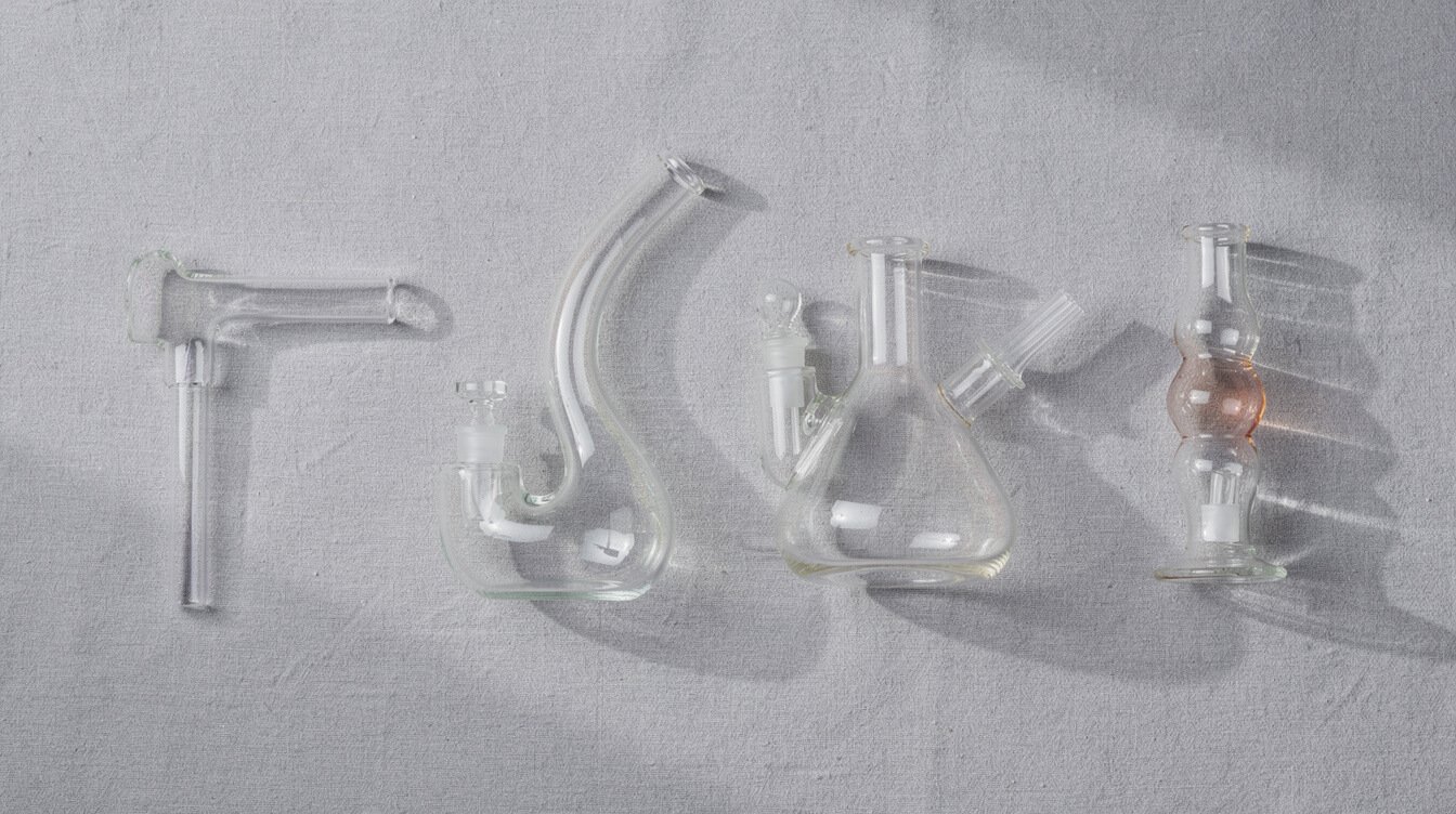 Several glass bubbler styles laid out, including hammer, sherlock, and sidecar shapes