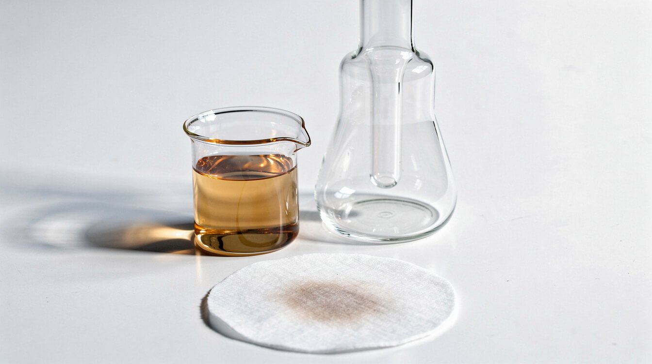 Glass water pipe beside a beaker of tinted water and a stained filter disc, illustrating what bubbler water catches