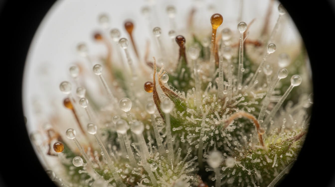 Cloudy and amber cannabis trichomes seen through a loupe when deciding whether to harvest early
