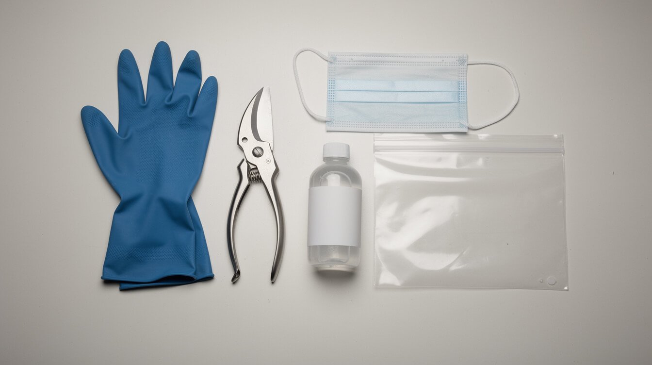 Gloves, mask, pruning snips, alcohol, and a bag laid out for a bud rot cut-out