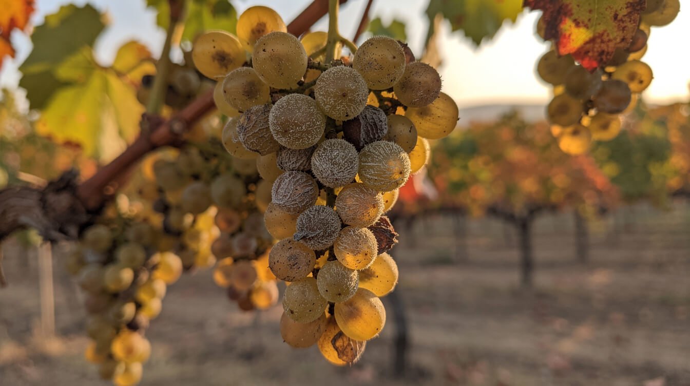 Noble rot on wine grapes, caused by the same Botrytis cinerea fungus as bud rot