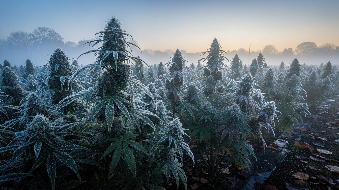 Outdoor cannabis plants in autumn dew and mist, the conditions that favor Botrytis