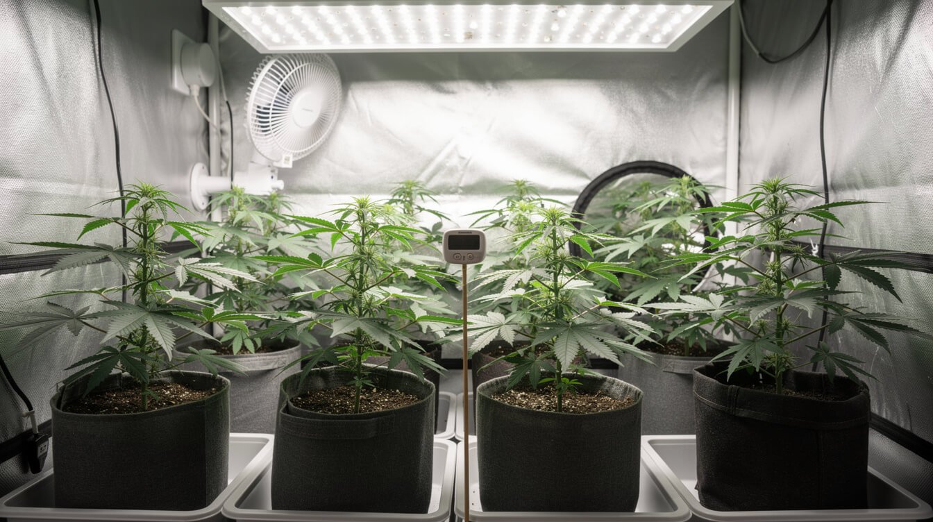 Indoor grow tent with an oscillating fan and hygrometer to prevent bud rot