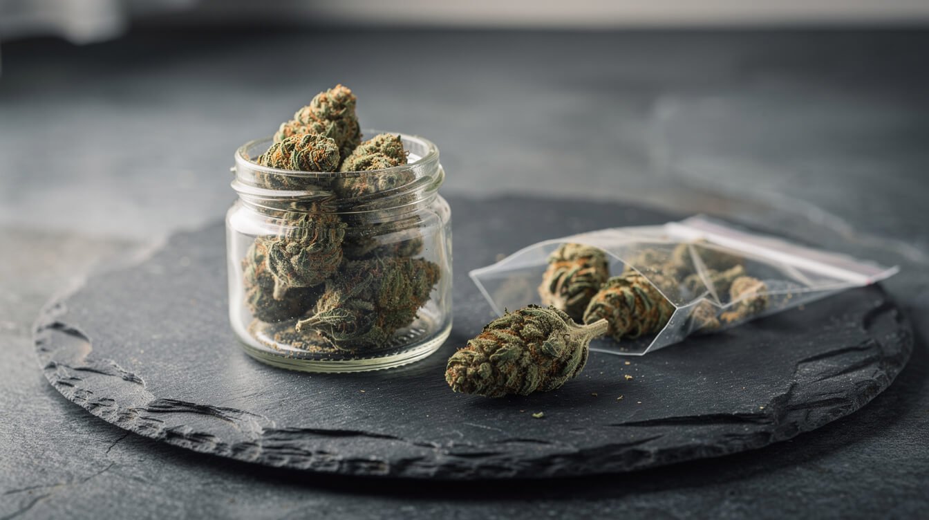 Healthy cured buds in a jar next to discarded flower in a sealed bag