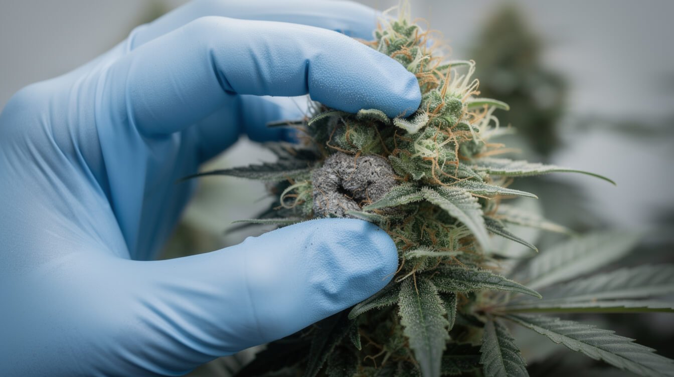 Gloved hand opening a cannabis cola to check for grey-brown bud rot inside