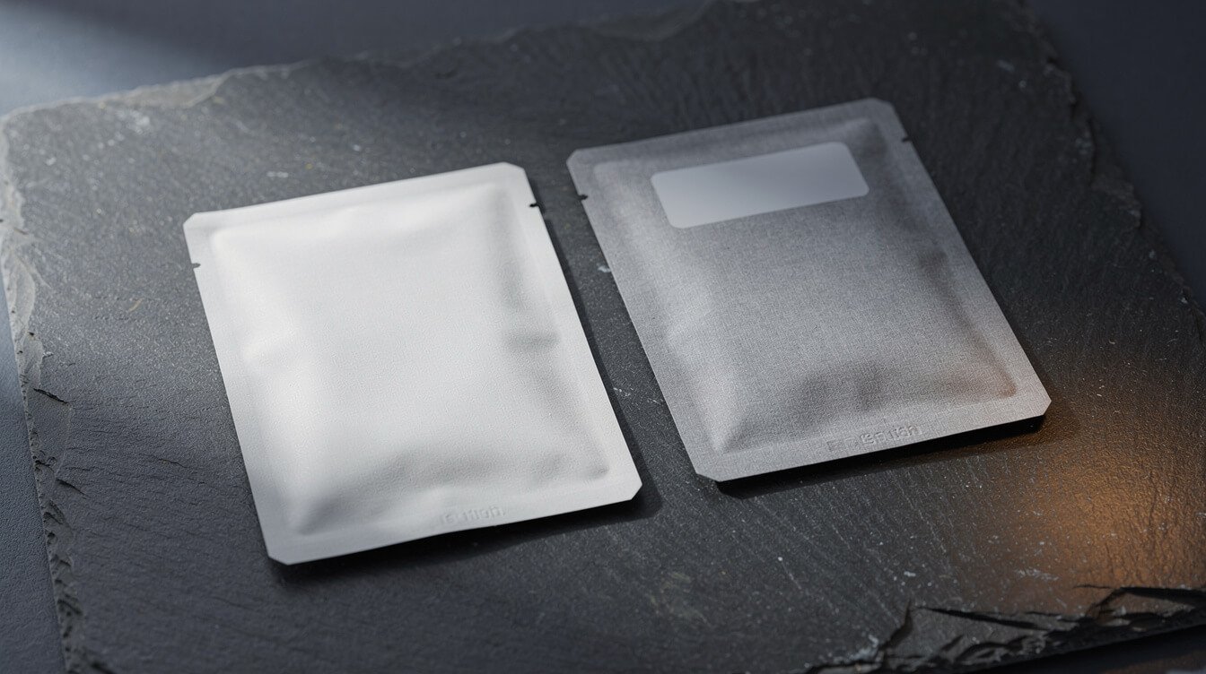 two unbranded two-way humidity control sachets side by side on dark slate