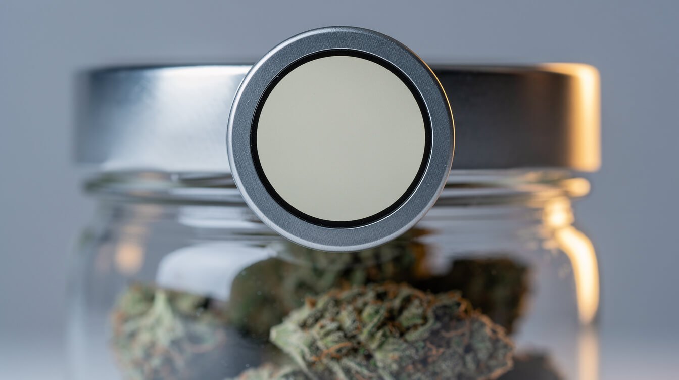 a small digital humidity gauge mounted in the metal lid of a glass cannabis storage jar