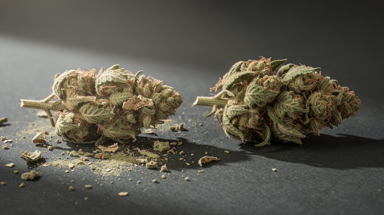 a dry crumbling cannabis bud beside an intact well-cured bud on a dark surface