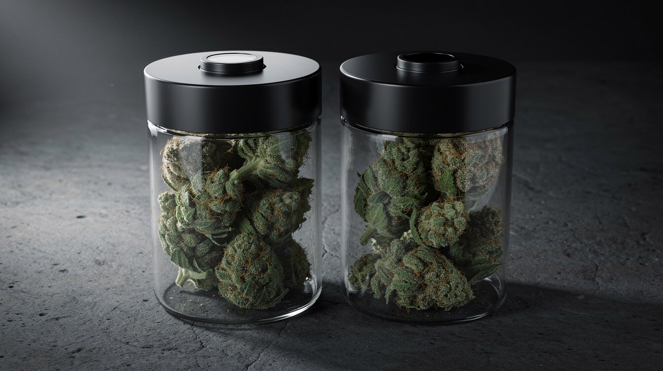 two glass jars of cured cannabis with humidity gauges in the lids