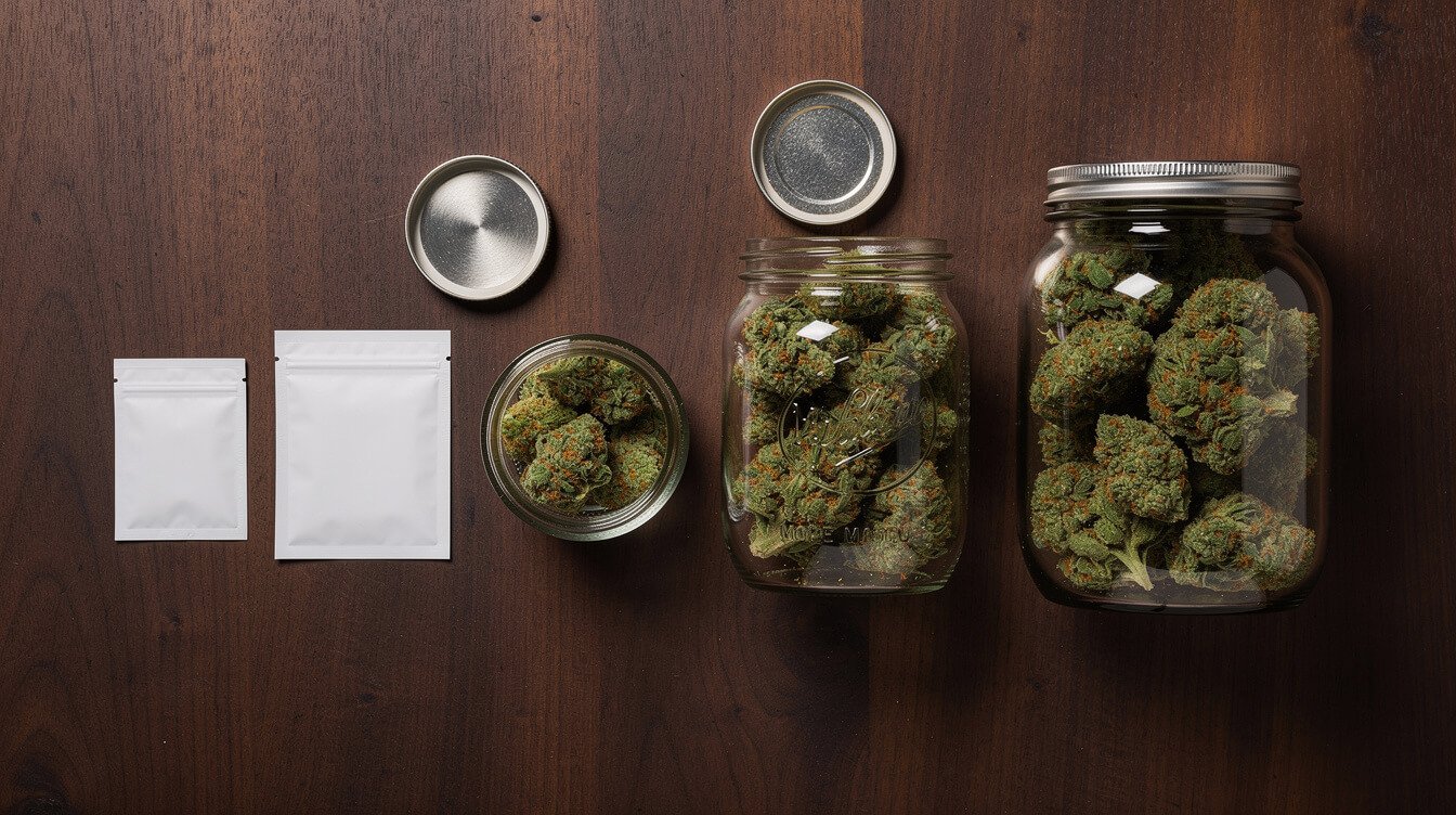 humidity packs of three different sizes beside small, quart, and half-gallon storage jars