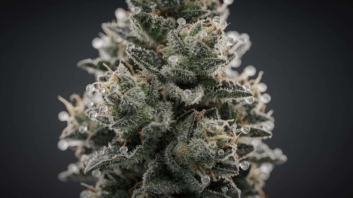 extreme macro of resinous trichome heads on a cured cannabis bud