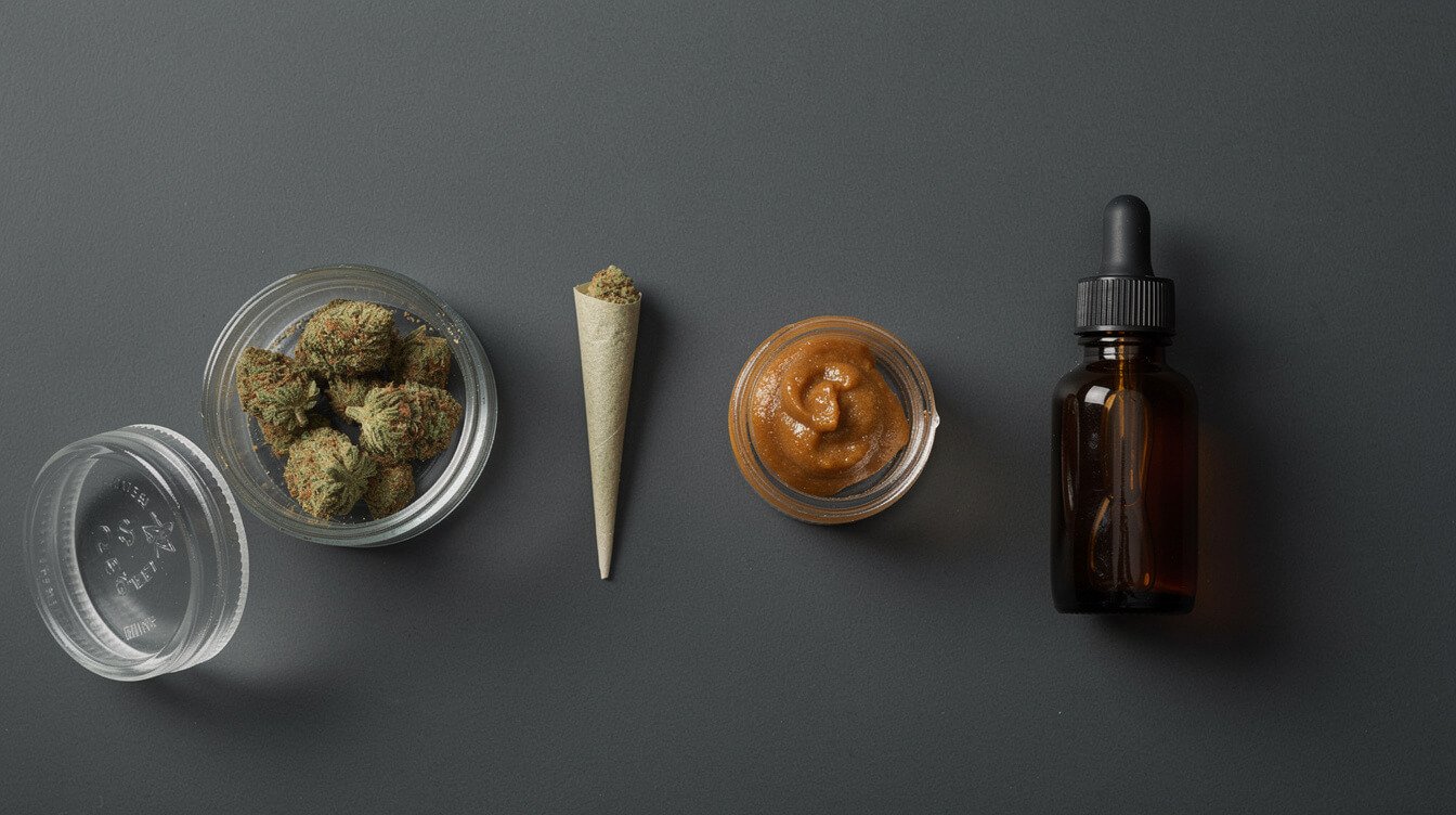 flower, pre-roll, concentrate, and tincture arranged to compare cannabis shelf life