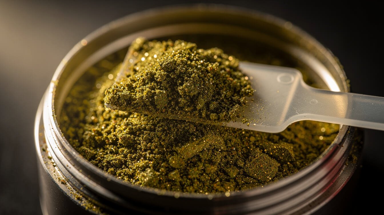 kief collected in the bottom chamber of a metal grinder before cleaning