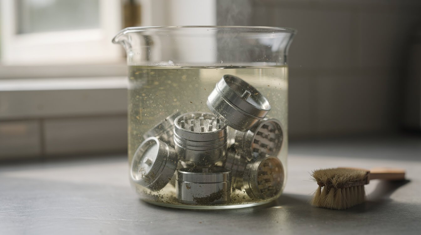 metal grinder pieces soaking in isopropyl alcohol