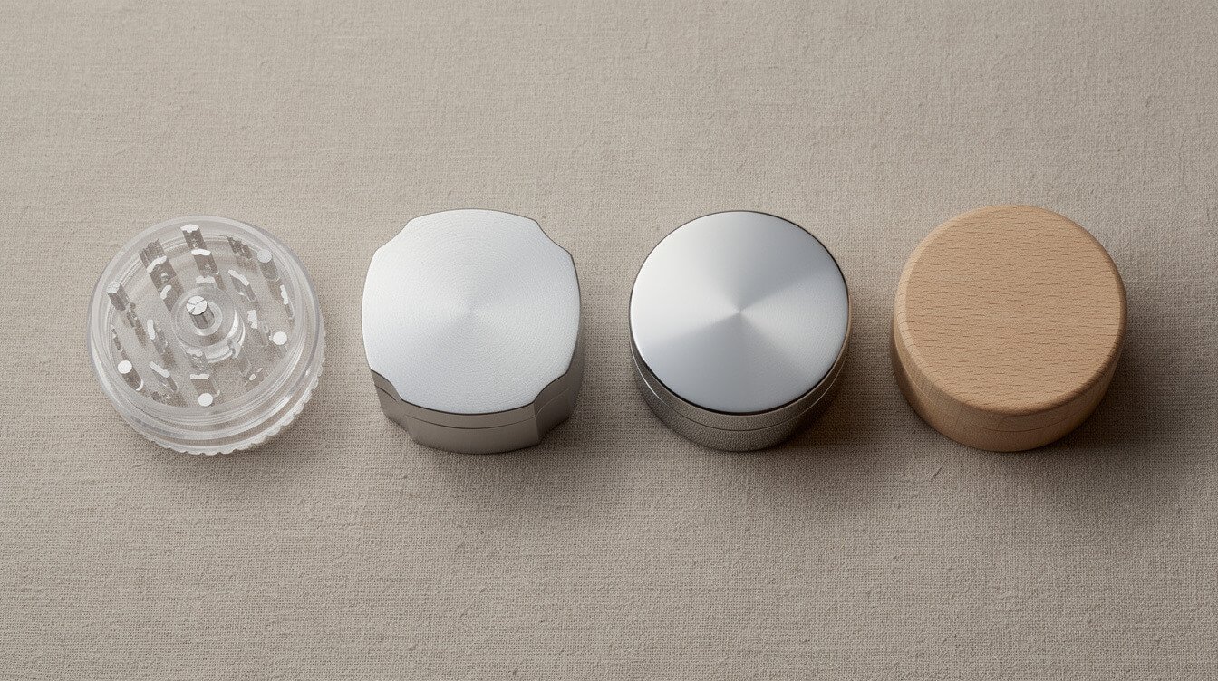 acrylic, aluminum, stainless steel, and wooden grinders side by side