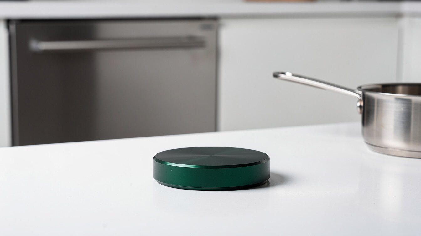 anodized aluminum grinder lid beside a dishwasher and saucepan