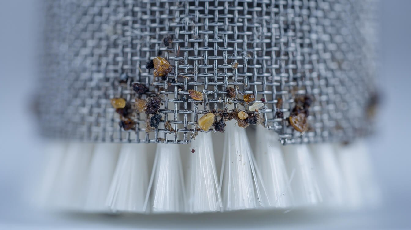 cleaning a grinder mesh screen from the underside with a soft brush