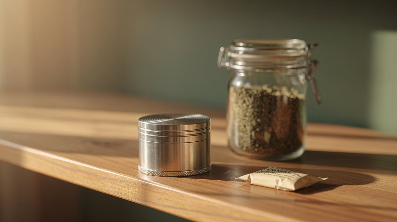 clean metal grinder stored on a shelf beside an airtight jar