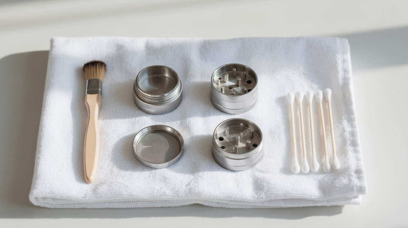 clean grinder parts drying on a towel