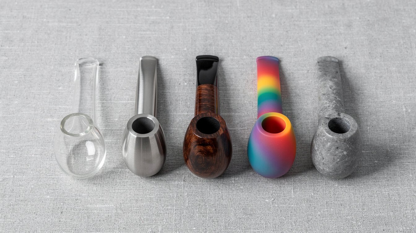 weed pipes made of glass, metal, wood, silicone and stone