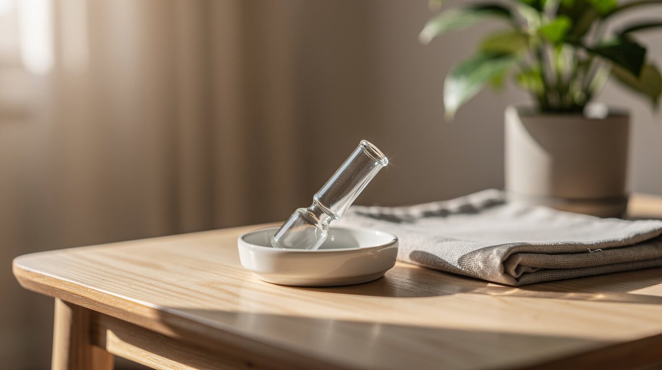 clean glass pipe resting in a dish on a side table