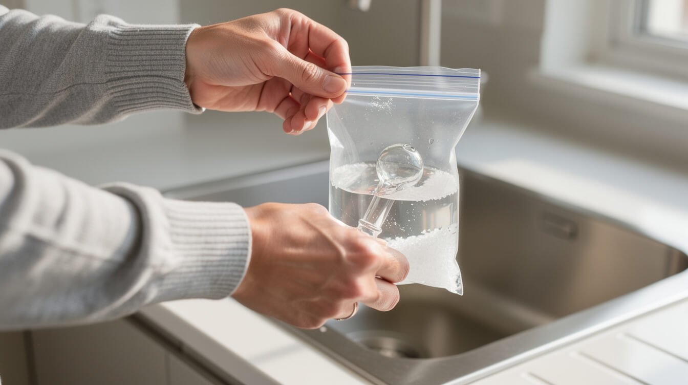 shaking a glass pipe in a bag of alcohol and salt