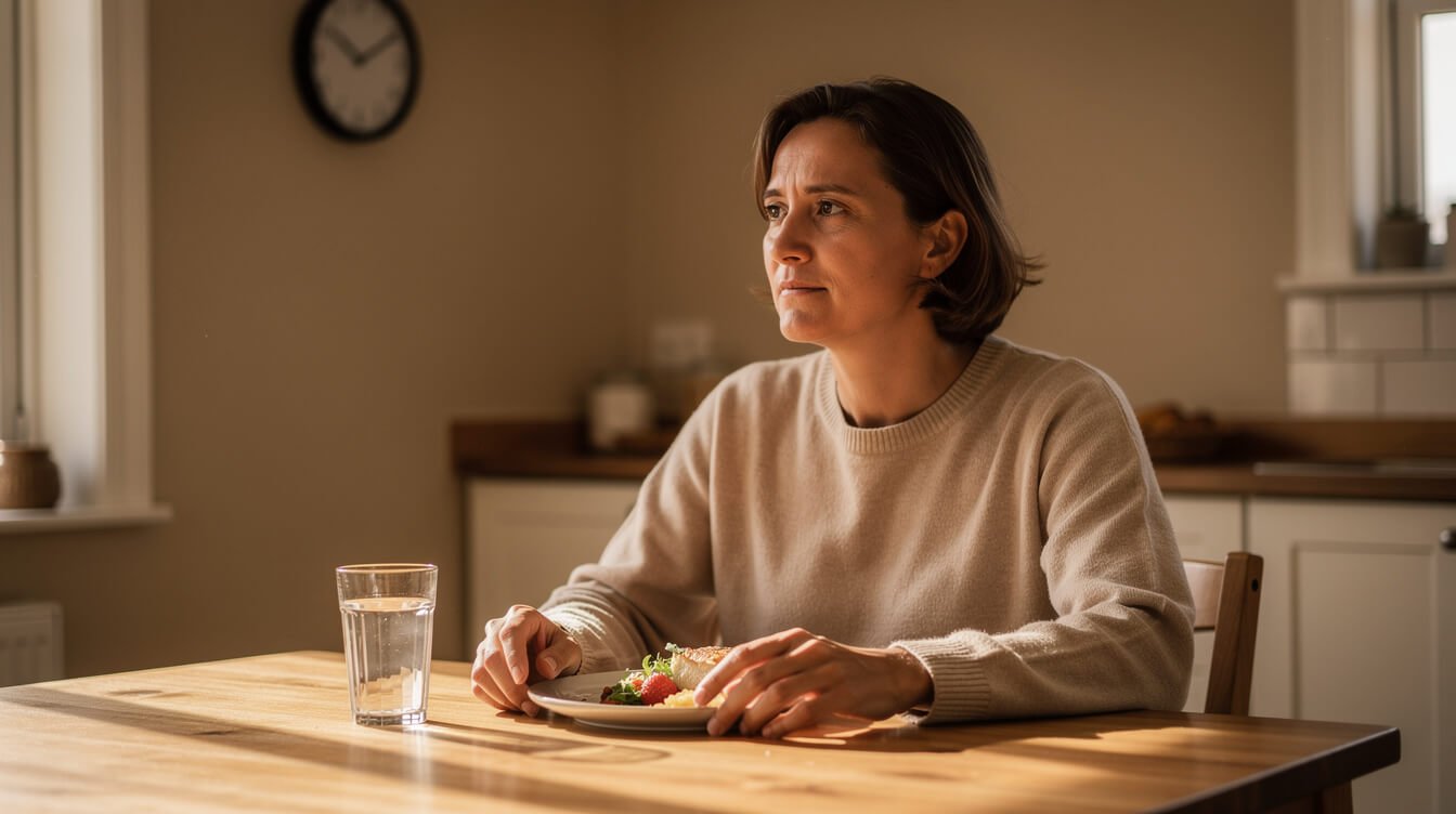 an adult waiting at a kitchen table for an edible to kick in