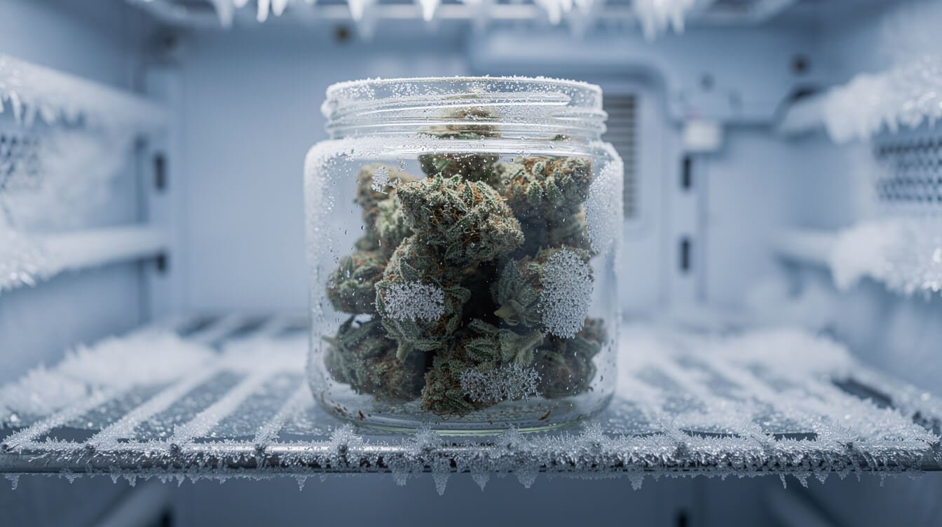 frosted glass jar of cannabis in a freezer, illustrating why freezing weed backfires