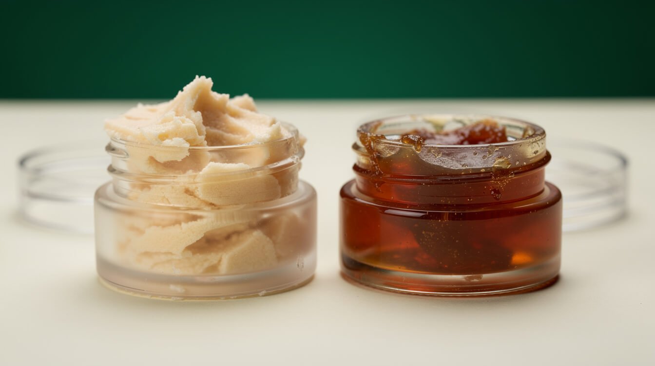 Pale blonde rosin badder and darker amber rosin sap in two glass jars