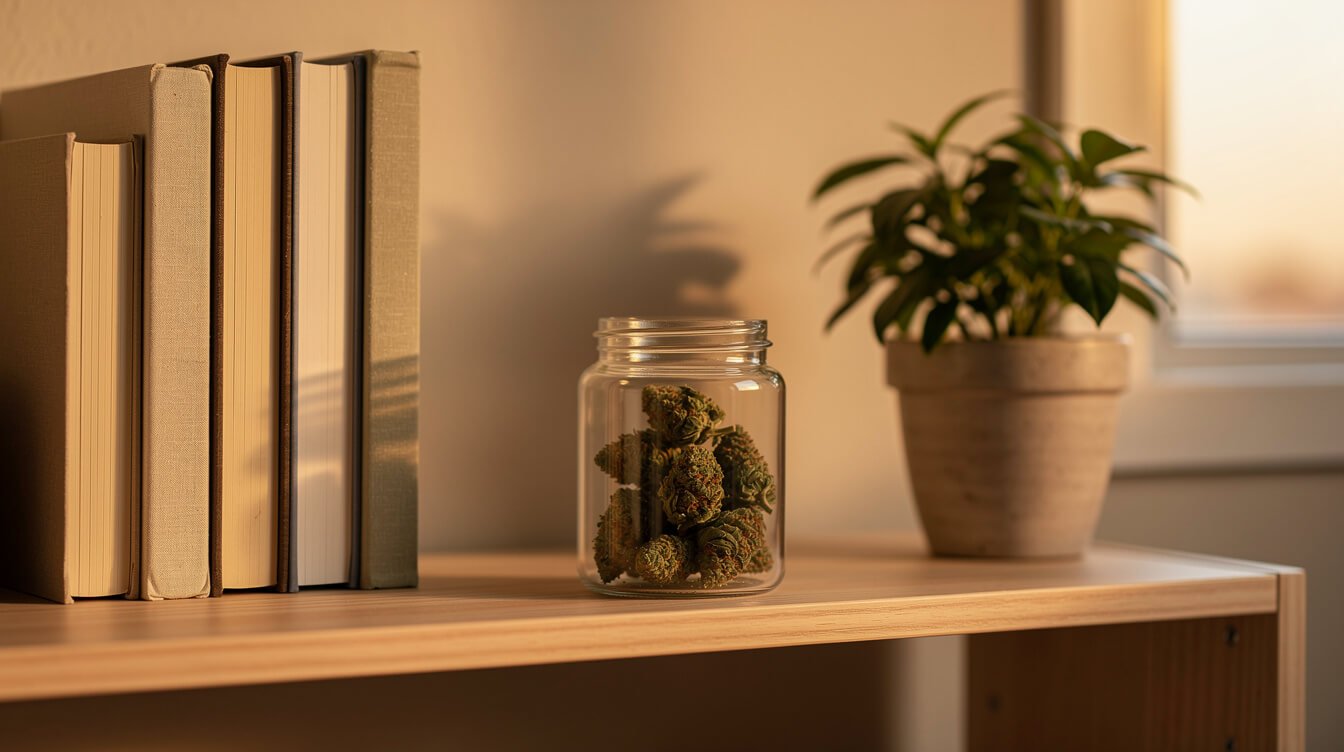 Small glass jar of cured cannabis on a home shelf