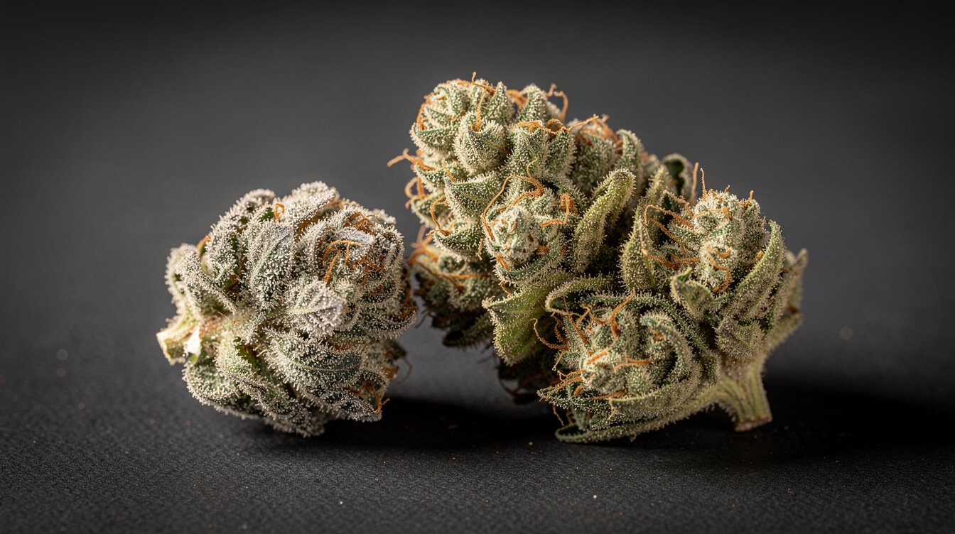 Dense cannabis bud next to an airy bud of similar weight, showing density differences