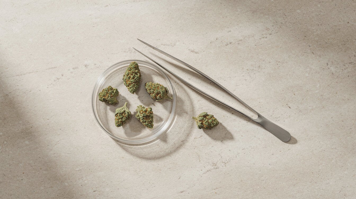 Glass weighing dish, tweezers, and cured cannabis buds for weighing at home