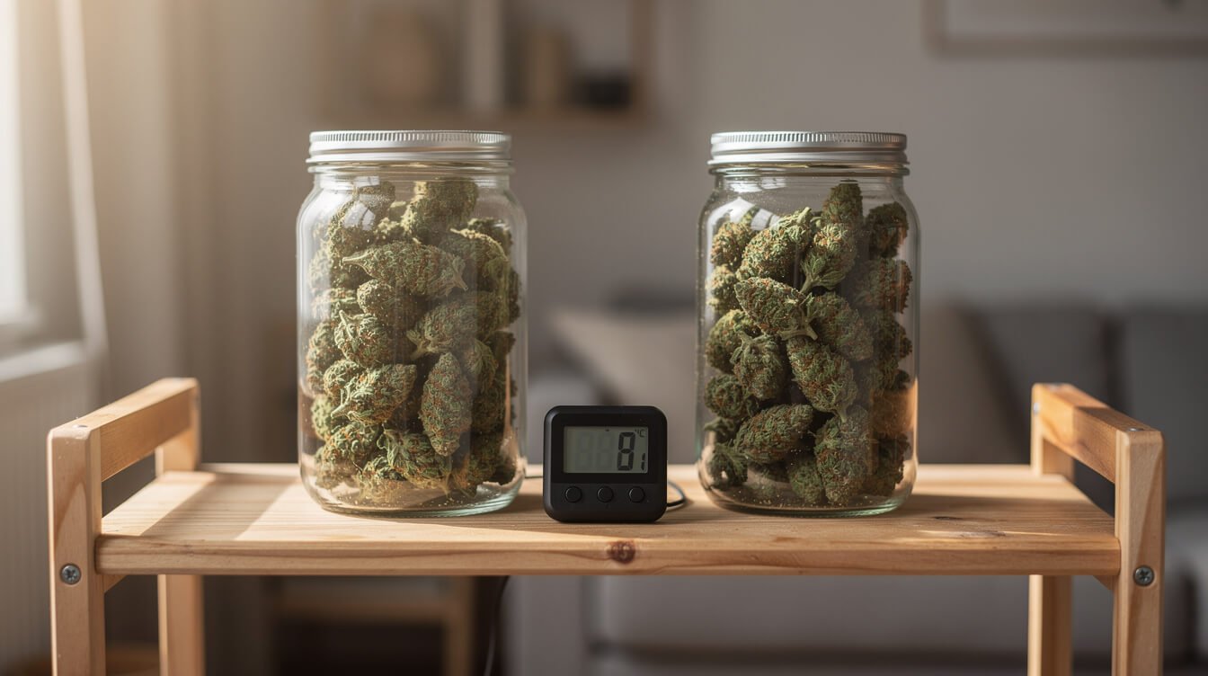 Glass jars of cured cannabis with a hygrometer, showing how moisture affects flower weight