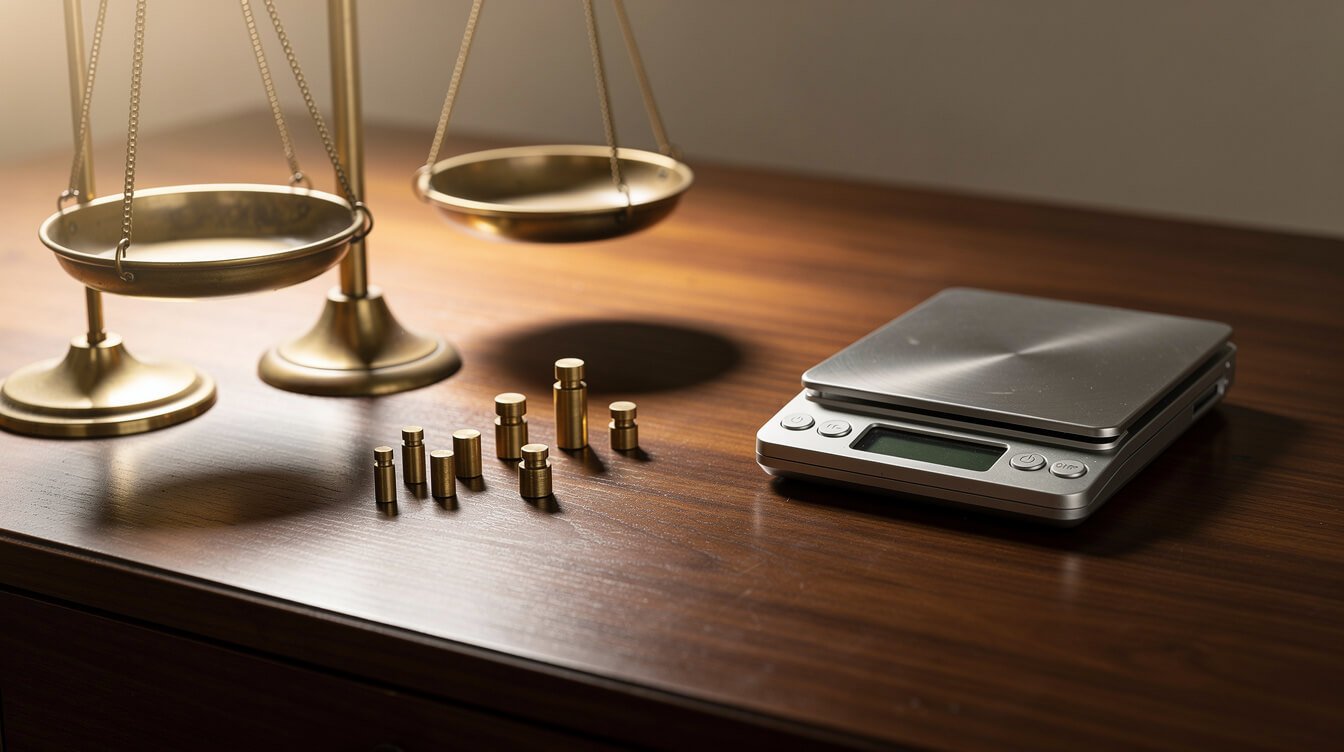 Antique balance scale with brass weights next to a digital pocket scale