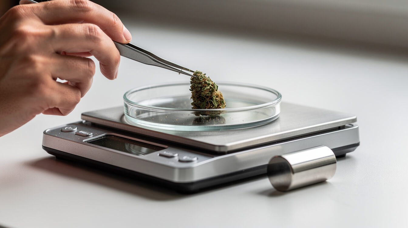 Placing a cannabis bud on a tared dish on a precision pocket scale
