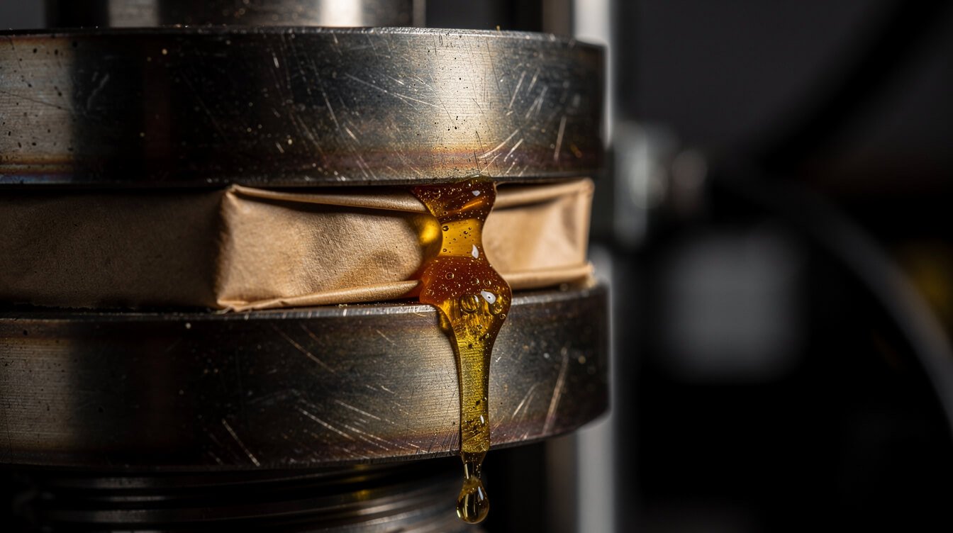 Heated steel press plates squeezing amber rosin out of a parchment packet