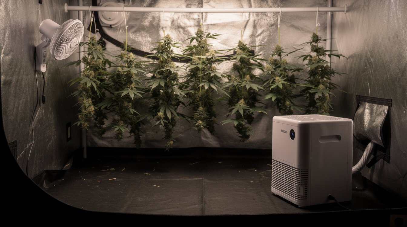 Dark drying tent with a clip fan aimed at the wall and a dehumidifier with a drain hose