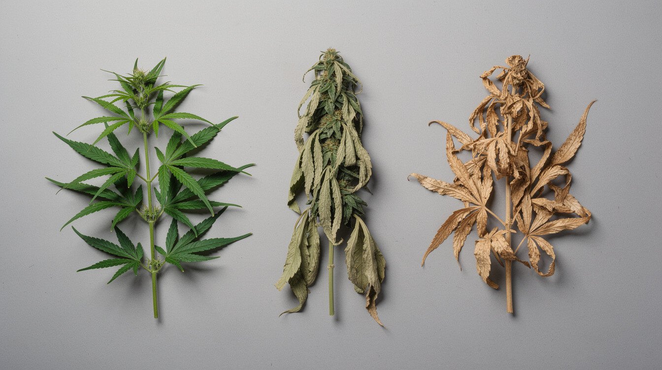 Three cannabis branches showing drying progression from fresh green to dry tan
