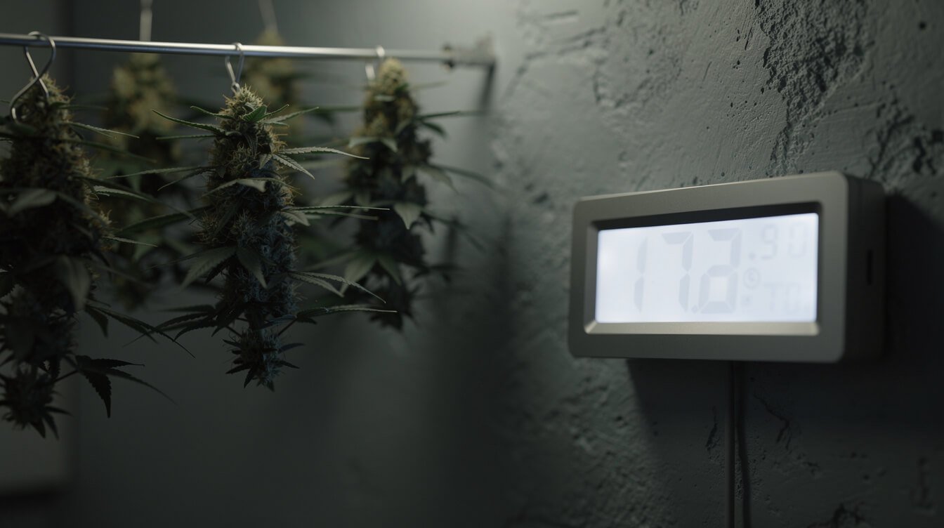 Digital thermometer and hygrometer on the wall of a dark cannabis drying room