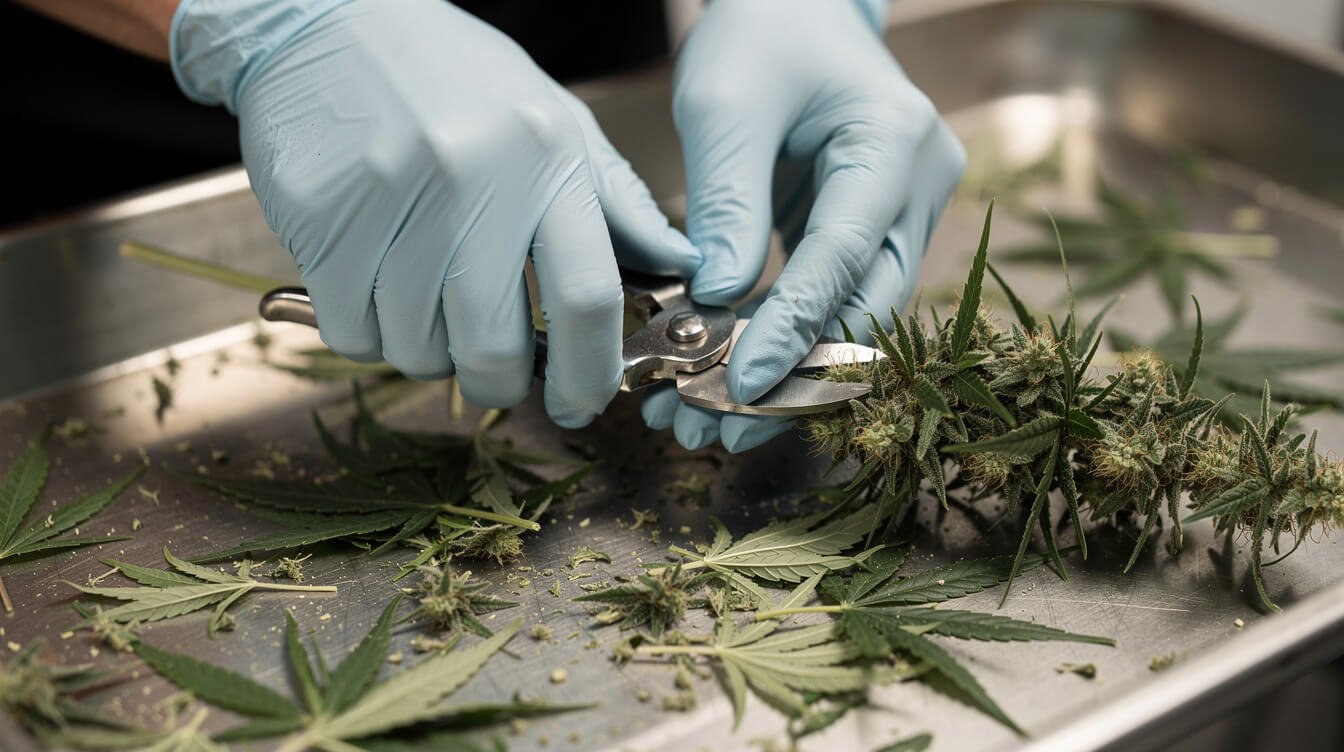 Gloved hands trimming a freshly harvested cannabis branch over a steel tray