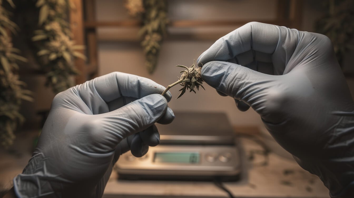 Hands bending a thin dried cannabis stem to test whether it snaps