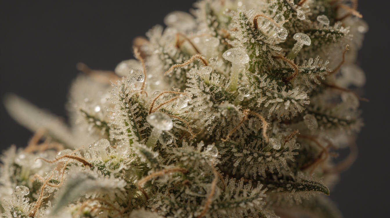 Macro view of a drying cannabis bud shifting from green to olive tan