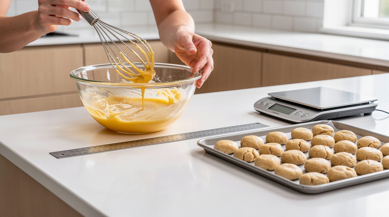 Whisking infused butter into batter and portioning dough by weight for even edible dosing