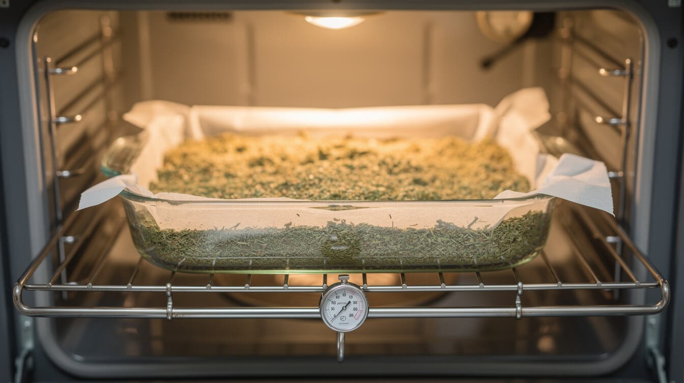 Decarbing ground cannabis flower on parchment in an oven before making edibles