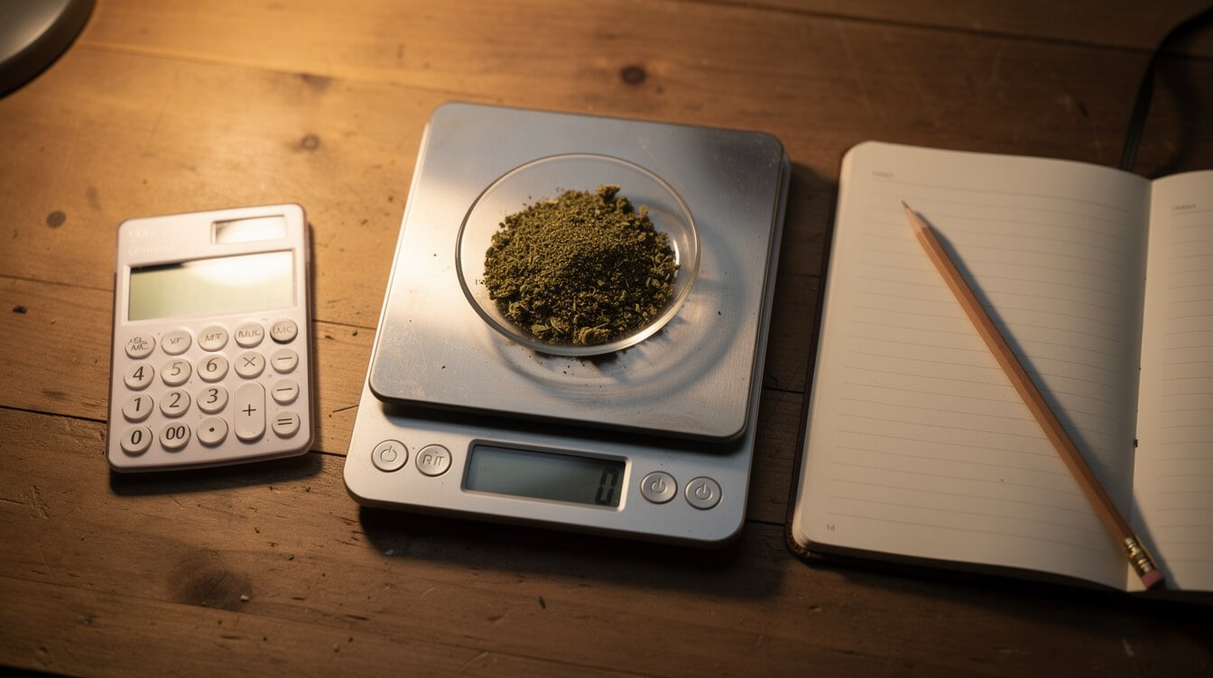 Weighing ground cannabis on a kitchen scale to calculate edible dosage